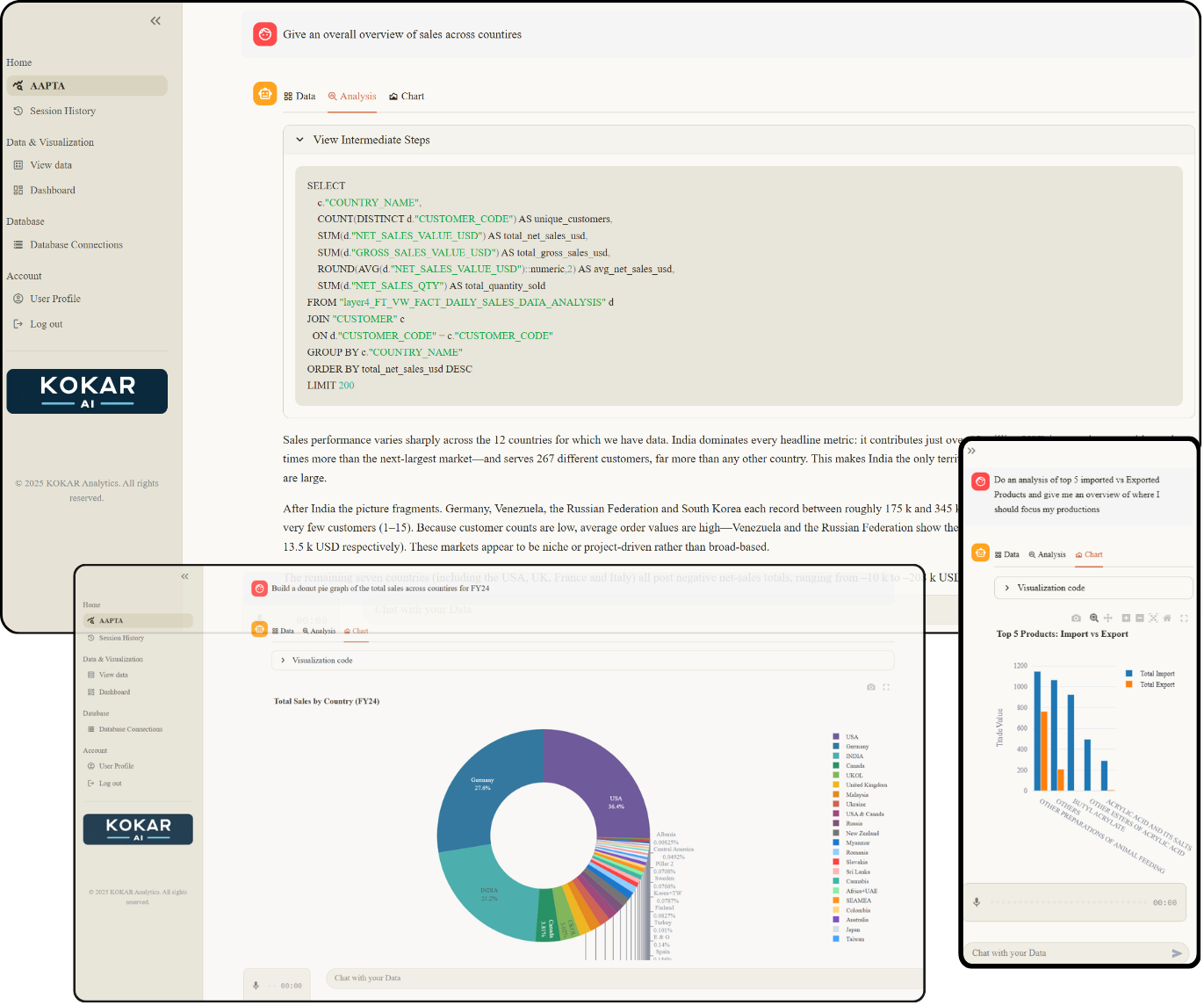 Dashboard interface of Kokar Analytics showcasing sales performance analytics across multiple countries, including visual graphs and data insights.
